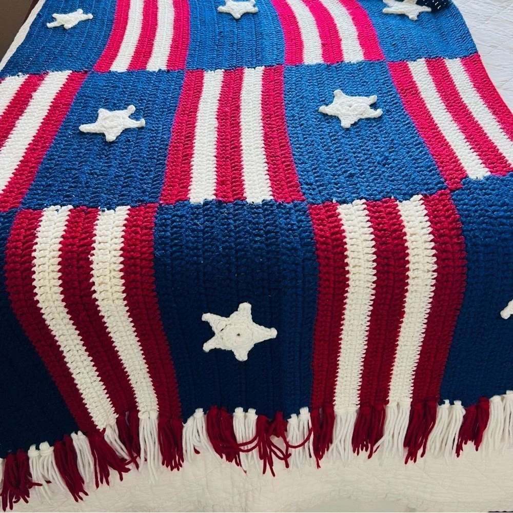 Handmade, Crocheted American Flag Blanket.  32”x72”
